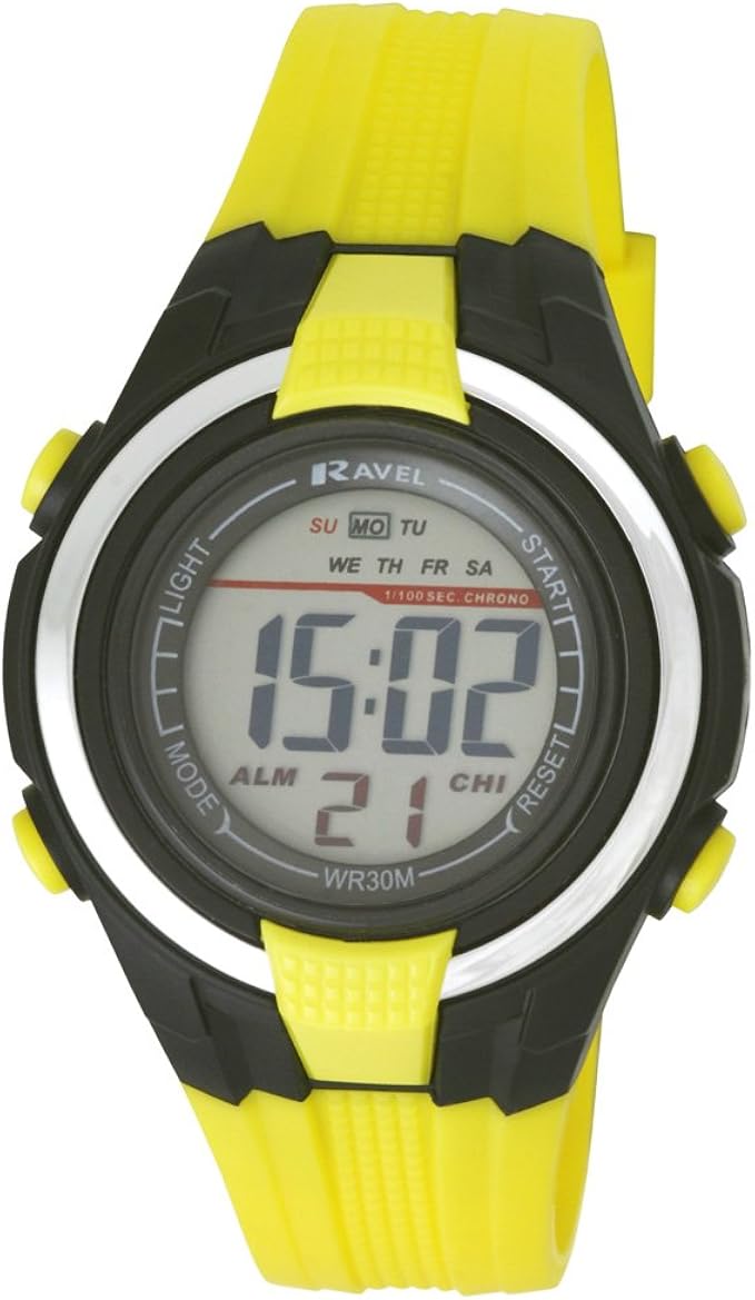 ravel lcd 数码防水运动男孩款数码手表,黑色表盘数字显示屏和黄色